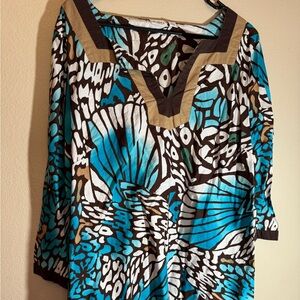 Plus Size Tunic Top 18/20W Blue Brown Butterfly Print Boho Business Casual Comfy